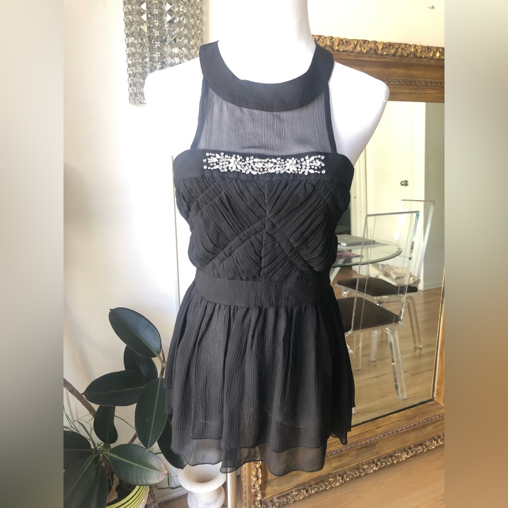 Single Black Sheer Halter Embellished Party Top MK